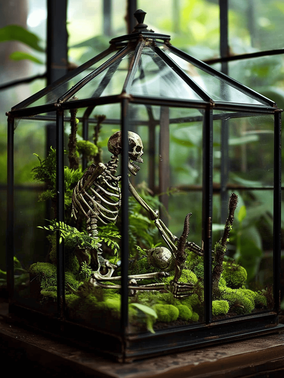 A gothic-style terrarium encases a human skeleton model amidst lush moss and ferns, creating a macabre yet fascinating display against the backdrop of a windowed room ar 3:4