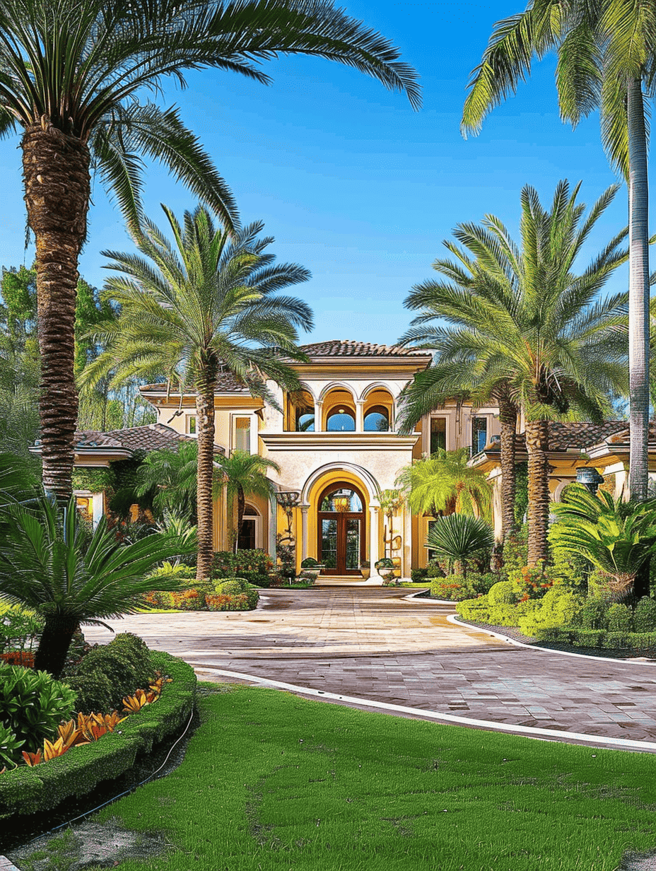 A grand Mediterranean-style mansion is graced with an array of palm trees and vibrant garden beds, featuring a circular driveway leading to an arched entryway ar 3:4