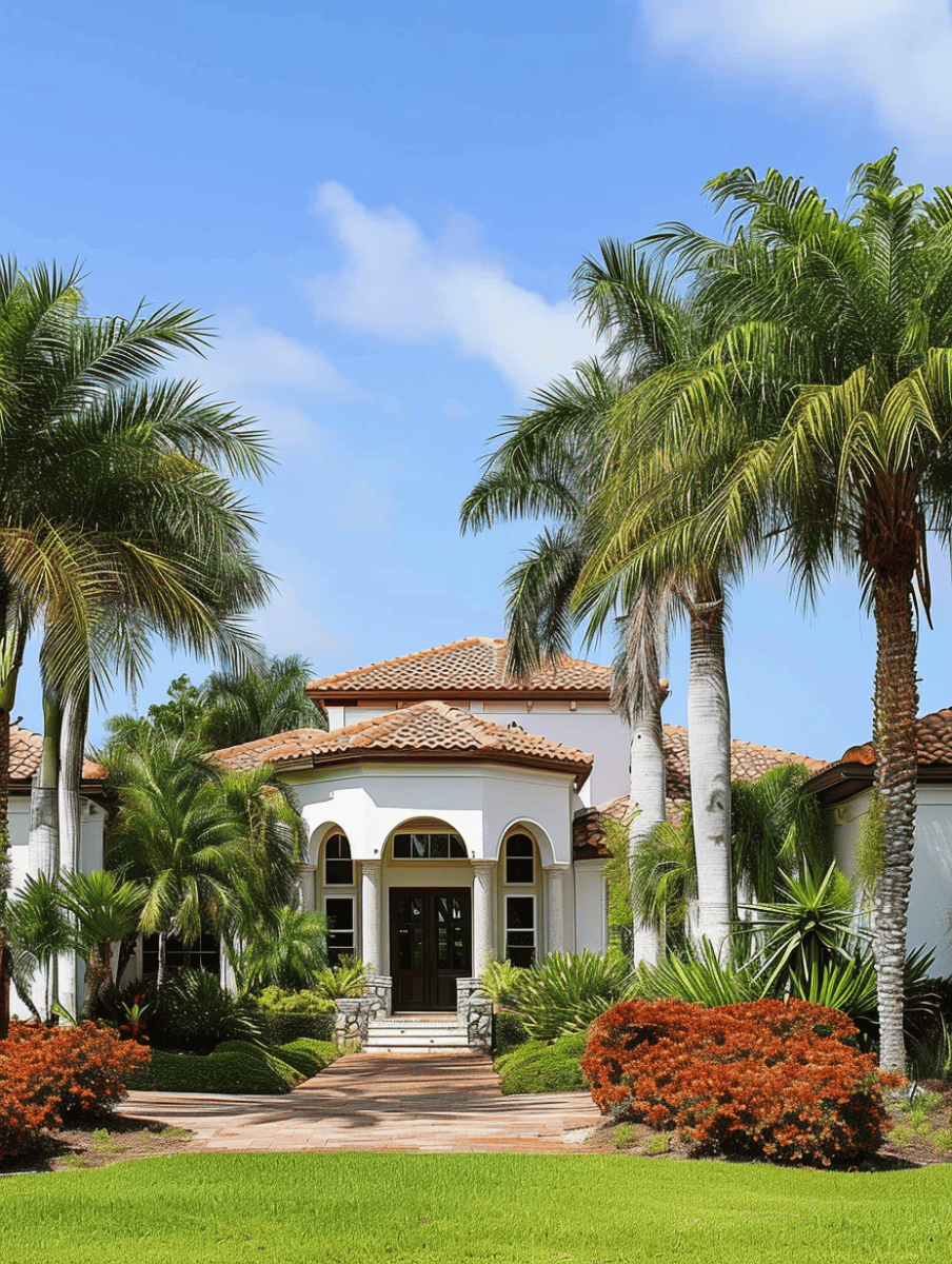 A grand entrance to a white stucco home with a red-tiled roof is framed by multiple palm trees, vibrant greenery, and red flowering bushes under a sunny sky ar 3:4