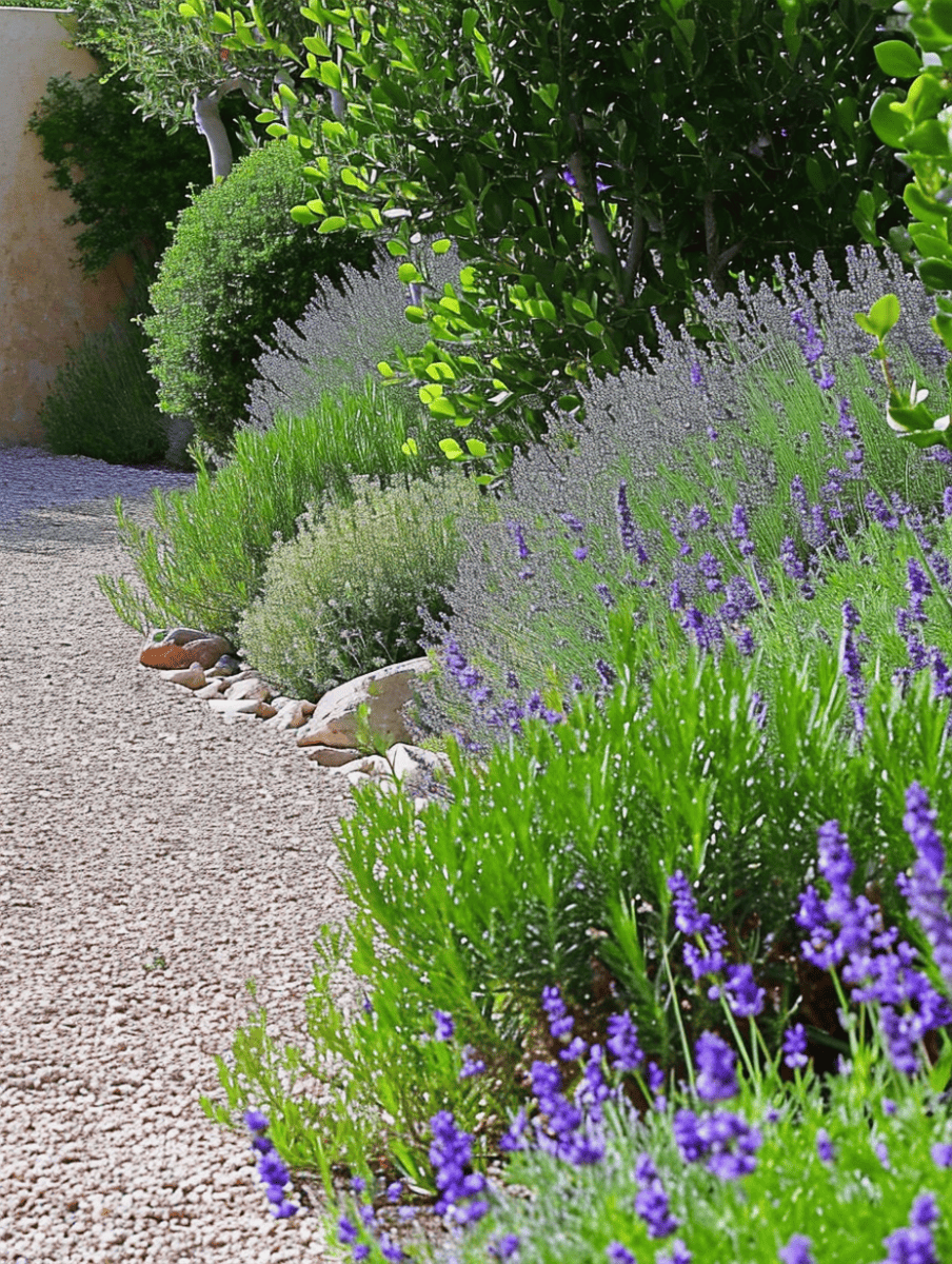 A gravel path gently curves through a tranquil garden, flanked by aromatic lavender and neatly trimmed bushes, leading to an area shaded by leafy green trees ar 3:4
