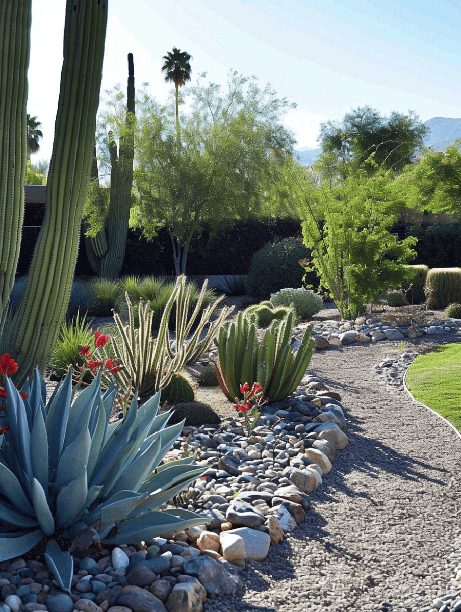 A landscaped desert garden path meanders through an array of cacti, including tall saguaros and blooming agaves, bordered by rocks and with lush greenery and palm trees in the background ar 3:4