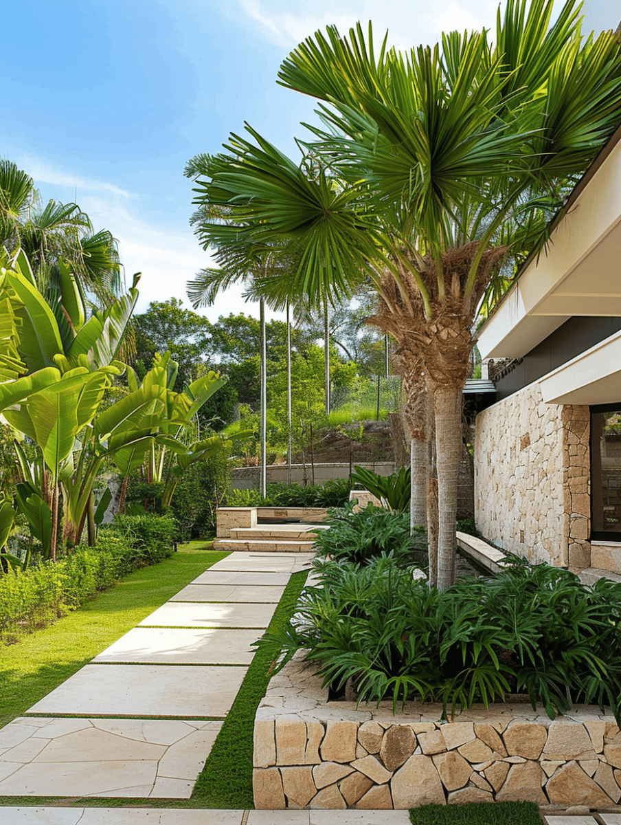 A landscaped walkway with large stone slabs and trimmed grass edges leads to a modern building, complemented by tropical plants and a prominent fan palm tree under a bright blue sky ar 3:4