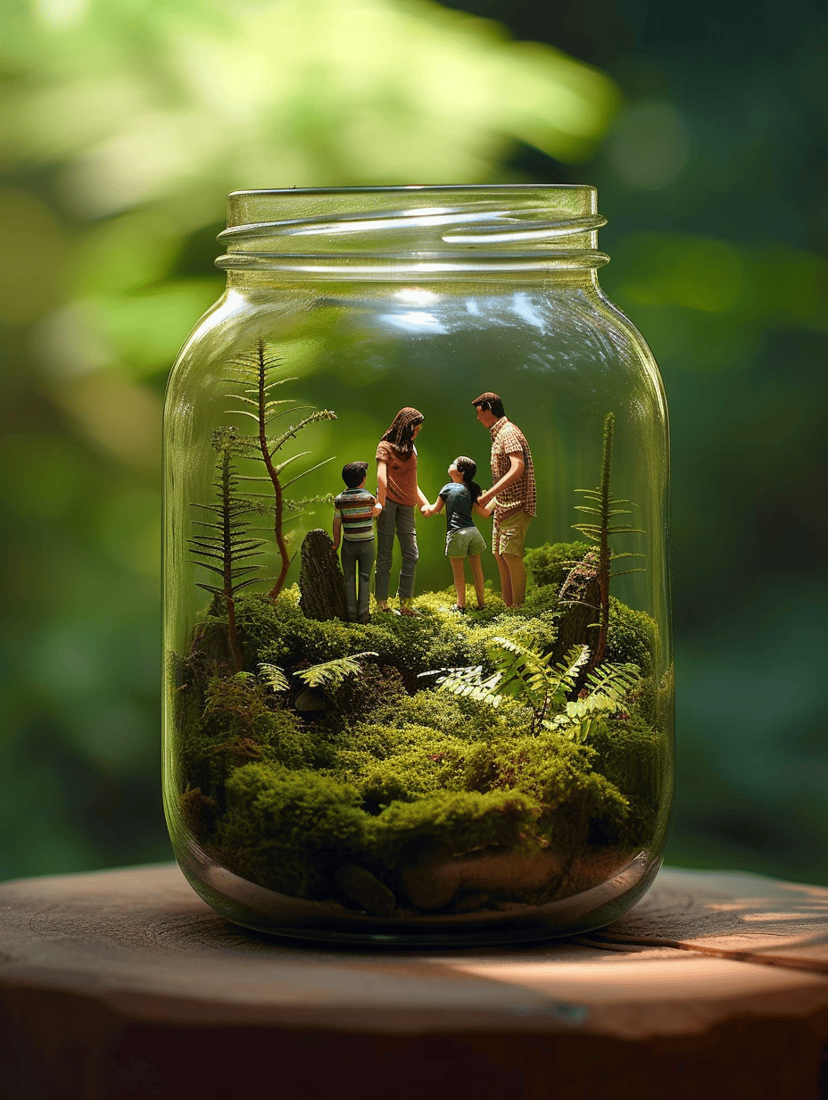 A large glass jar terrarium captures a whimsical scene with miniature figures of a family among mossy terrain and tiny trees, highlighted by dappled sunlight ar 3:4