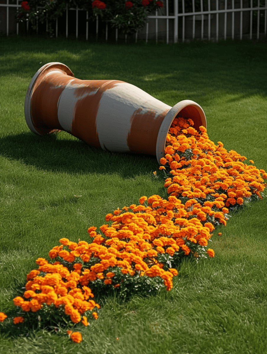 A large, overturned terracotta planter spills a cascade of bright marigolds onto a manicured lawn, creating a whimsical, flowing display of vibrant orange blooms ar 3:4