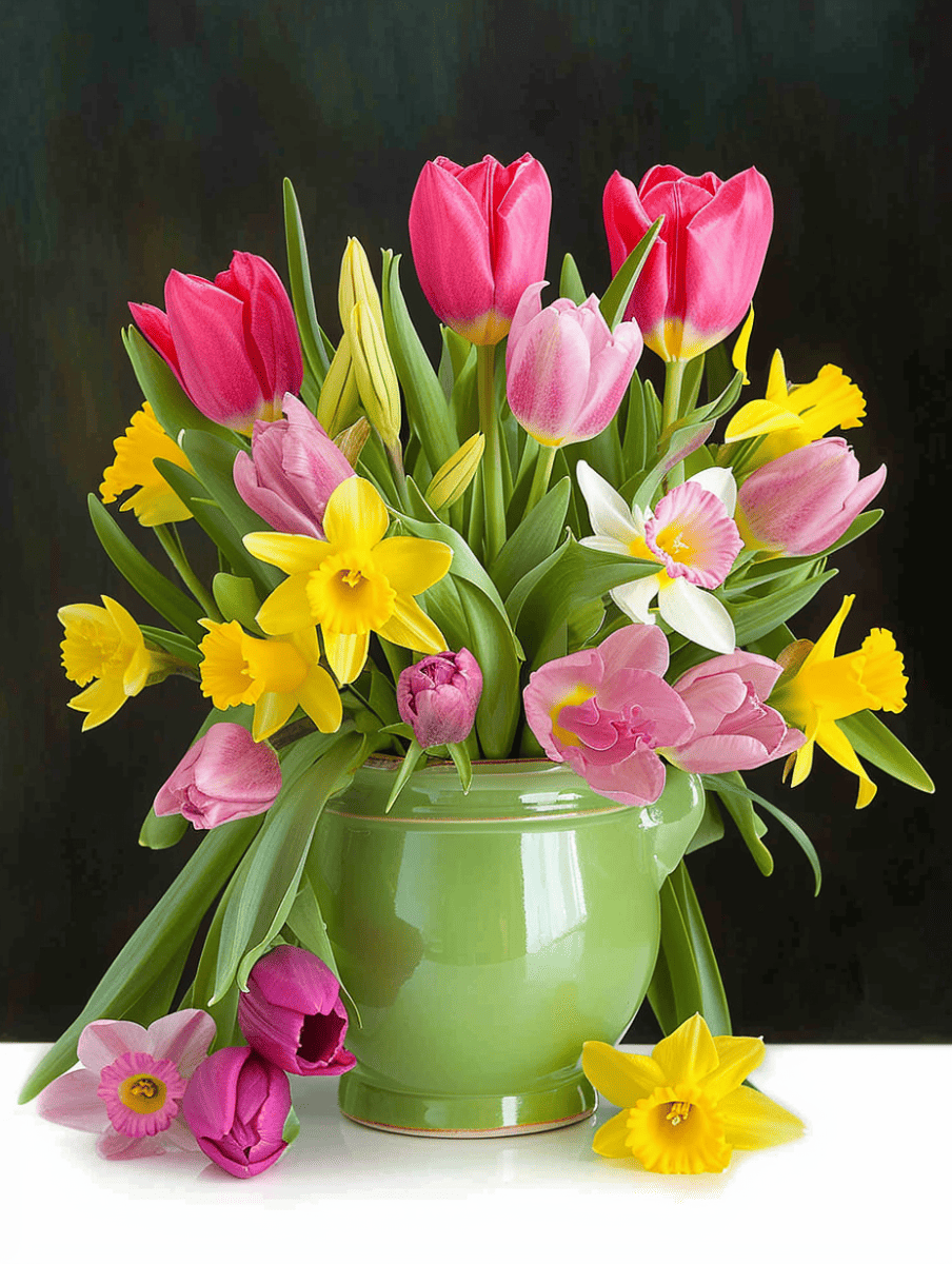 A lively floral arrangement of red and pink tulips with bright yellow daffodils, nestled in a green vase on a dark background with some petals scattered below ar 3:4
