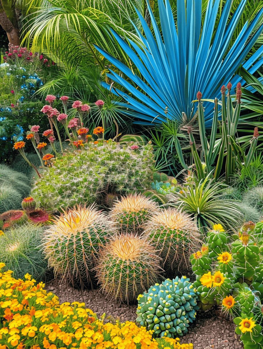 A lush and colorful desert garden, with striking blue fan palms, vibrant orange and pink flowering cacti, and a foreground of yellow blooms, all thriving under a bright, clear sky ar 3:4