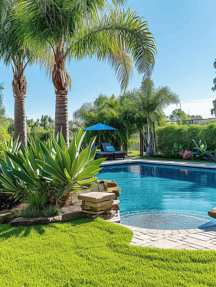 A lush backyard oasis with vibrant green grass, a curved swimming pool bordered by natural stone, flanked by tall palm trees and a blue patio umbrella under clear skies ar 3:4