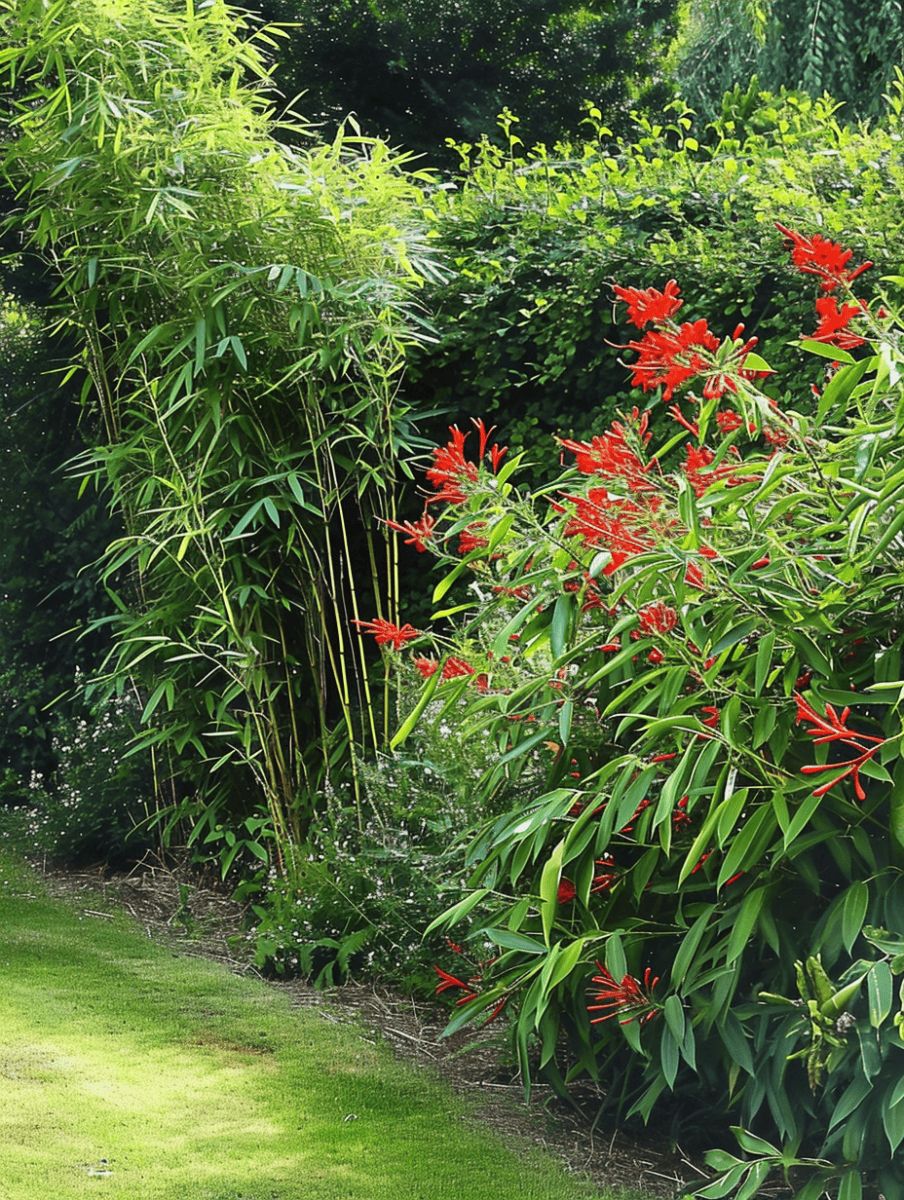 A lush bamboo grove stands tall beside vibrant red flowers, creating a natural privacy barrier along a neatly trimmed lawn ar 3:4