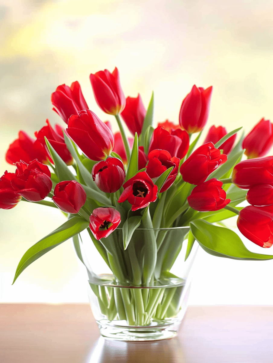 A lush bouquet of bright red tulips fills a clear glass vase, basking in the soft glow of natural light ar 3:4