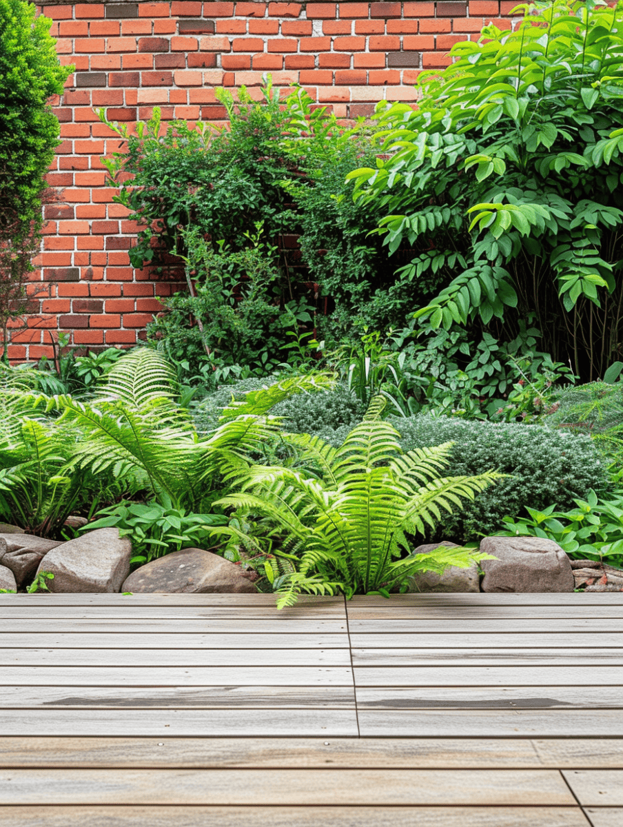 A lush garden bed with a variety of ferns and greenery is set against a red brick wall, bordered by natural stones, with a smooth wooden deck in the foreground ar 3:4