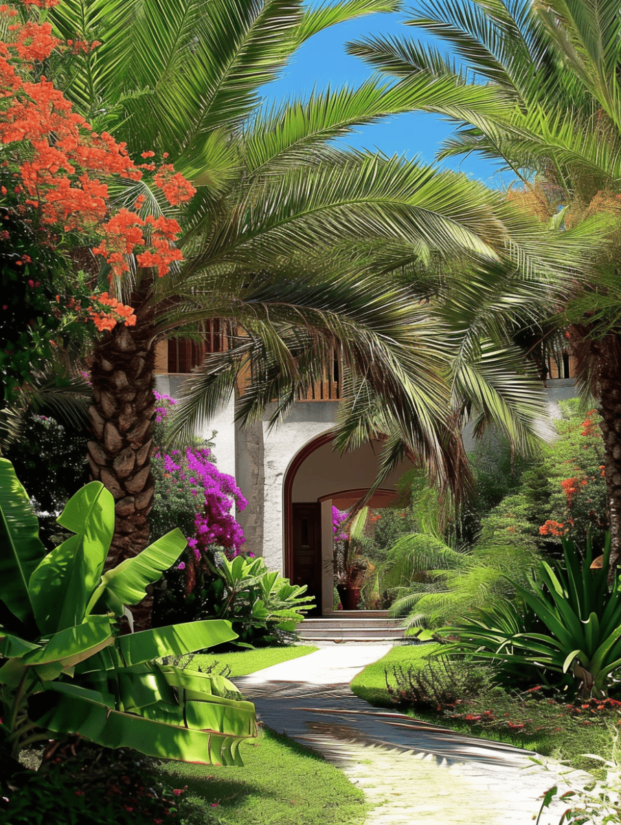 A lush garden path flanked by bright flowering plants and palm trees leads to an inviting villa with open doors, nestled in a tranquil tropical setting ar 3:4
