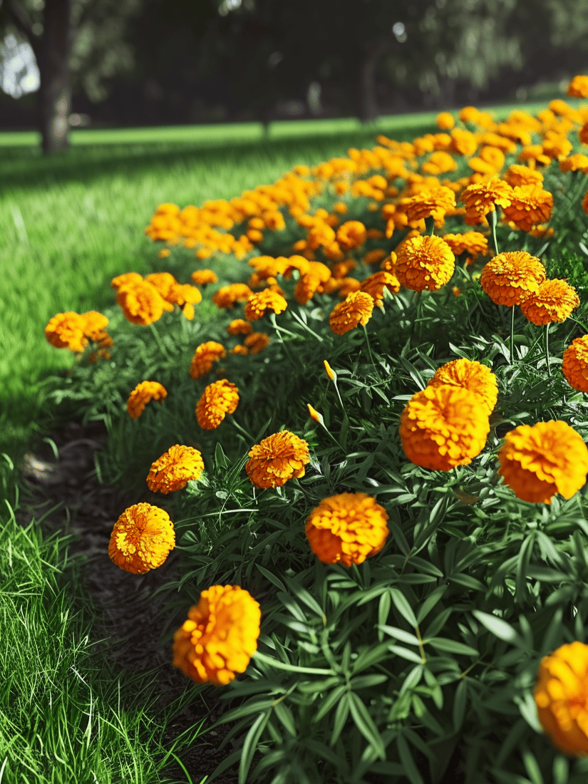 A lush island of marigolds with rich orange blossoms nestles within a well-manicured lawn, under the dappled shade of nearby trees ar 3:4