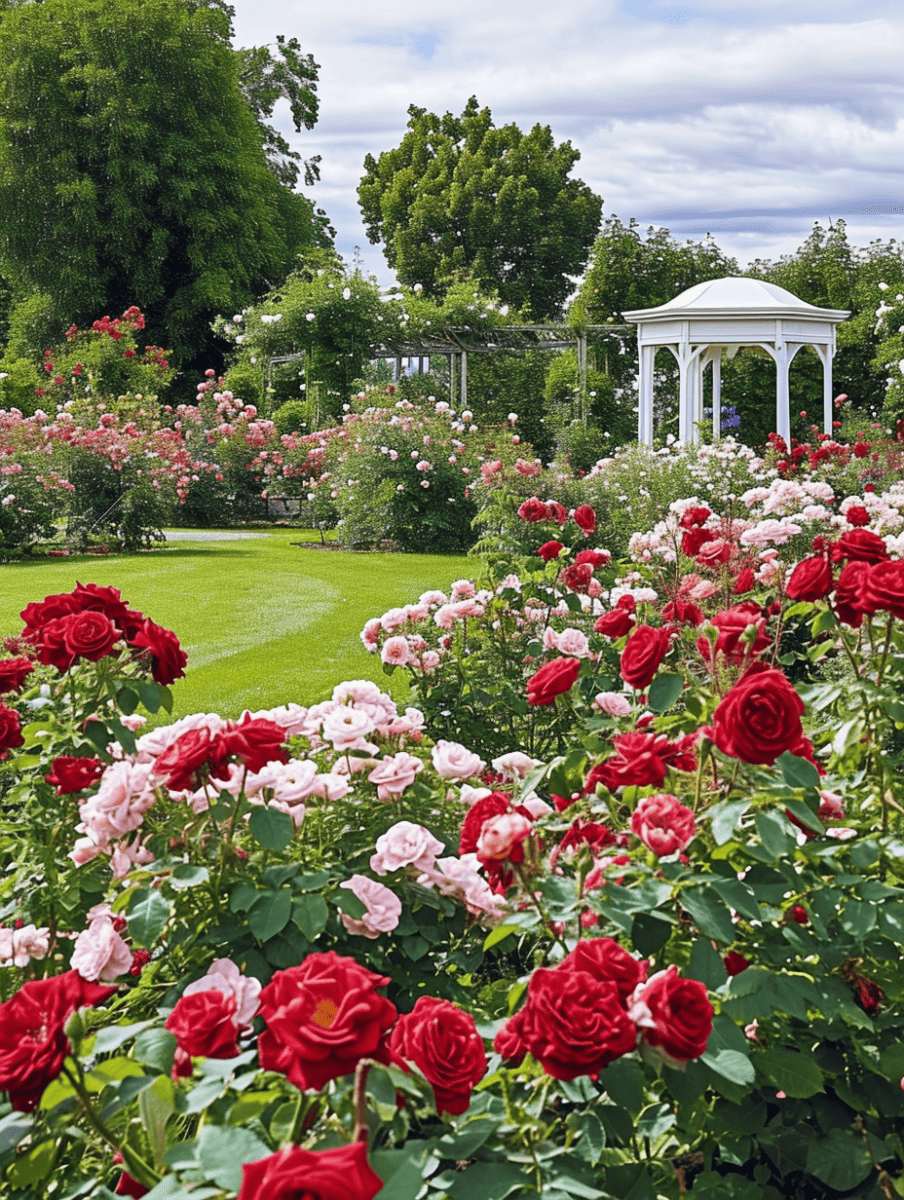 A lush rose garden, abundant with blooms in varying shades of pink and red, surrounds a classic white gazebo, creating a picturesque setting within a verdant landscape ar 3:4