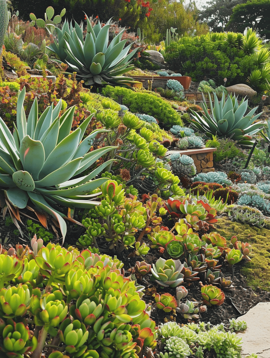 A lush succulent garden slopes with various large agaves and an abundance of green and red-tipped succulents, interspersed with delicate ground cover, creating a tapestry of textures and colors ar 3:4