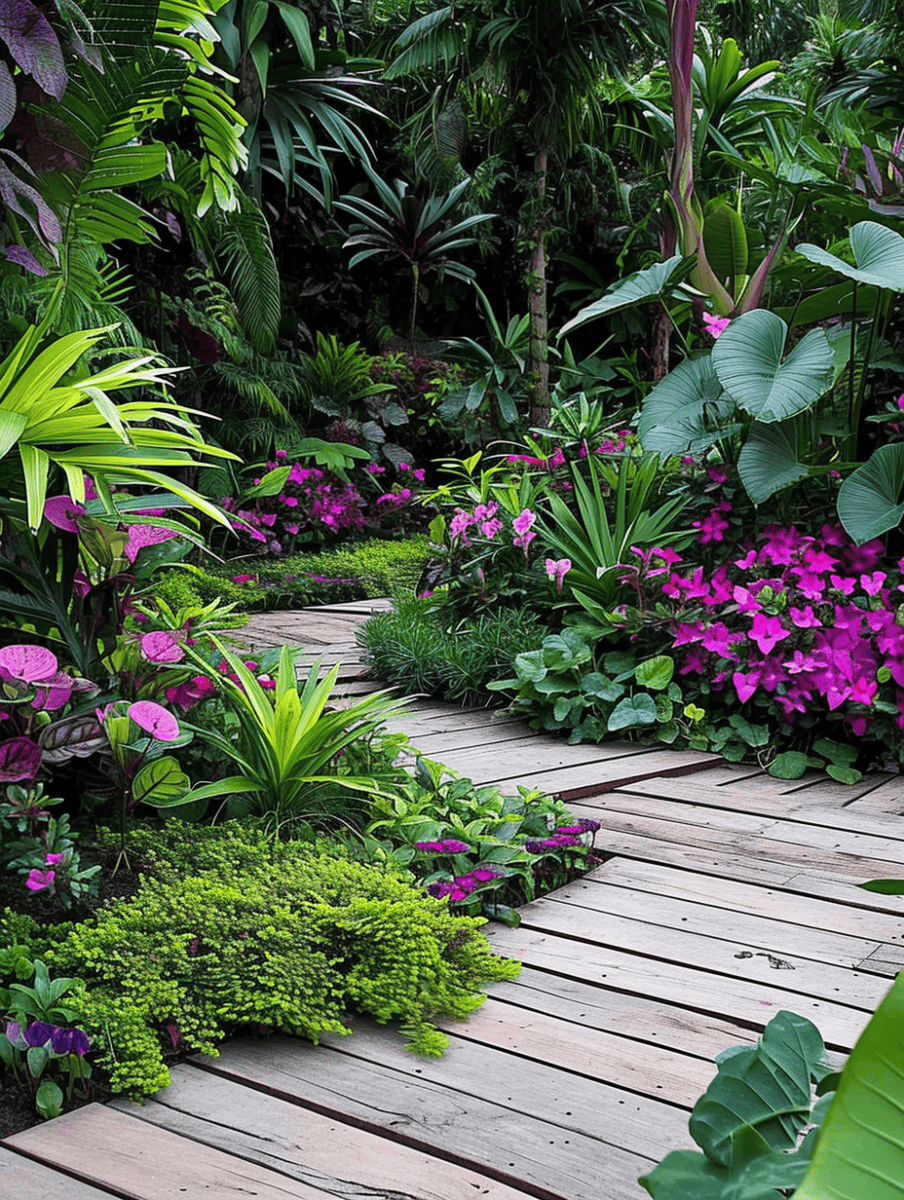 A lush, tropical garden path is accentuated by vibrant purple blooms, with a rich variety of green foliage and wooden planks guiding the way through this verdant paradise ar 3:4