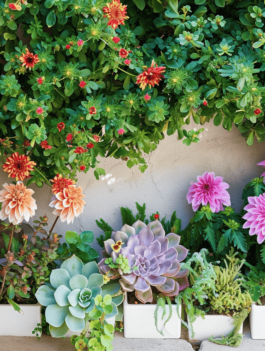 A lush vertical garden with a variety of plants including vibrant red and orange flowers, large pastel-hued dahlias, and rosette-shaped succulents, all set against a textured white wall and arranged in white rectangular planters ar 3:4