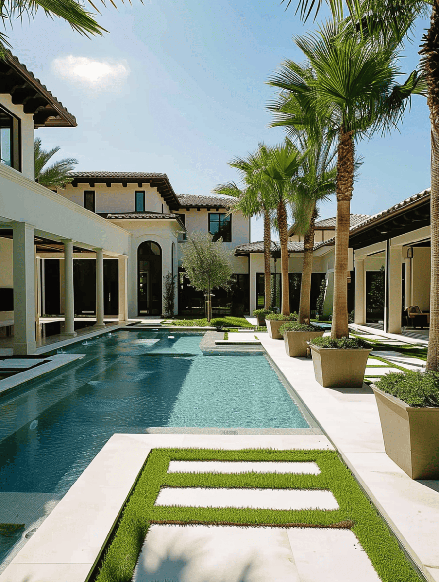 A luxurious backyard features a long, narrow pool lined with palm trees, leading towards an elegant, Mediterranean-style villa under a clear sky ar 3:4