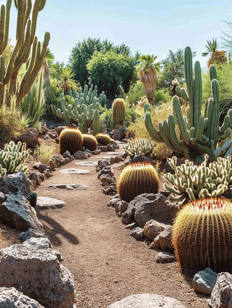 A meandering dirt path leads through a diverse desert garden filled with a variety of cacti, including tall columnar cacti and spherical golden barrel cacti, complemented by rocks and desert flora under a sunny sky ar 3:4