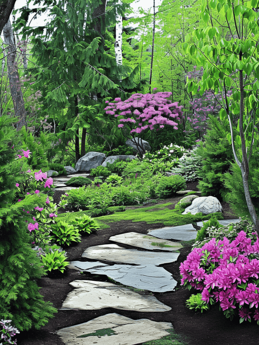 A meandering path of large flat stones winds through a lush garden bursting with vibrant pink azaleas, verdant greenery, and a variety of trees, creating a serene and picturesque landscape ar 3:4
