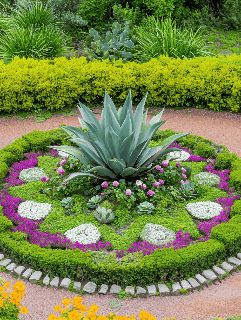 A meticulously designed garden bed features a large agave centerpiece surrounded by geometric patterns of white and pink flowers, contrasting with lush green shrubbery and succulents, bordered by a neatly trimmed hedge ar 3:4