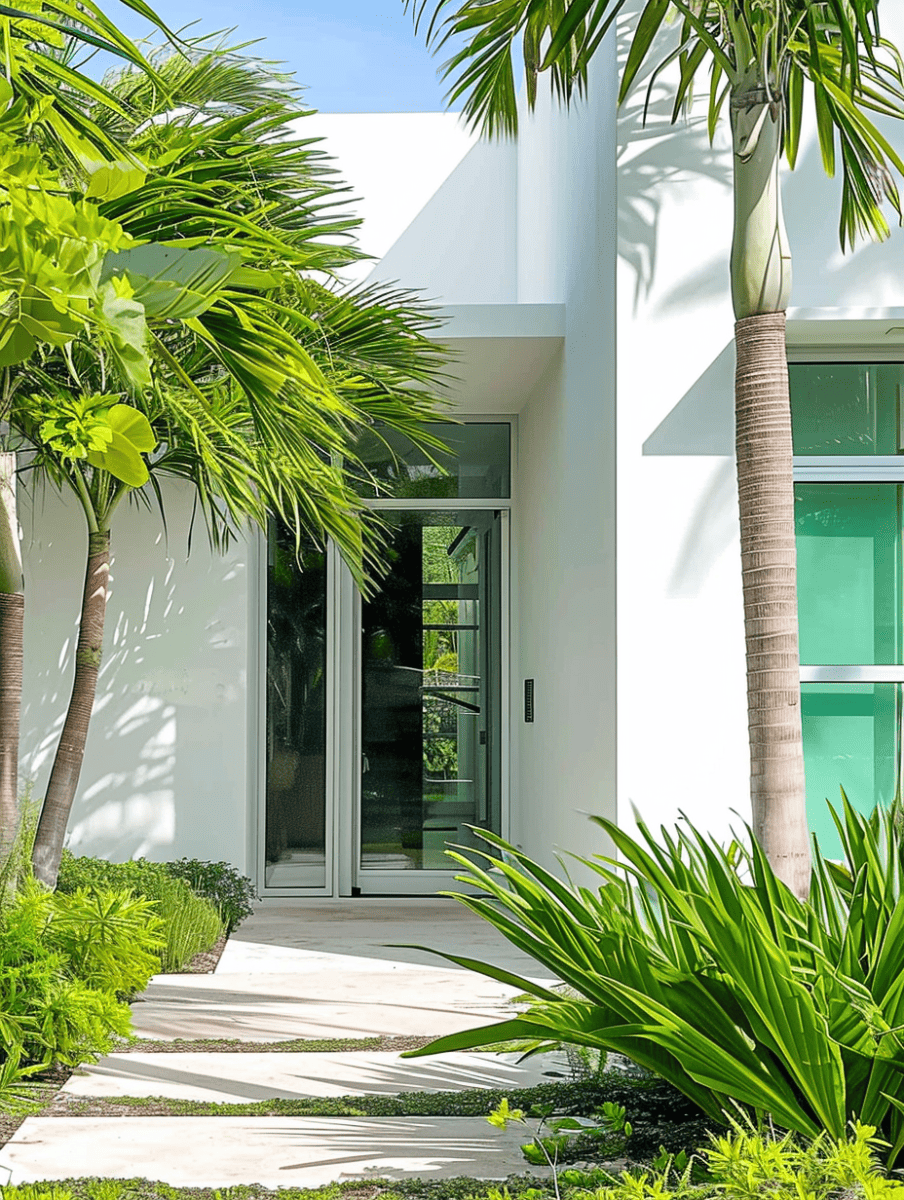 A minimalist white house with geometric lines is framed by lush tropical greenery, including a slender palm tree, leading to a modern glass door ar 3:4