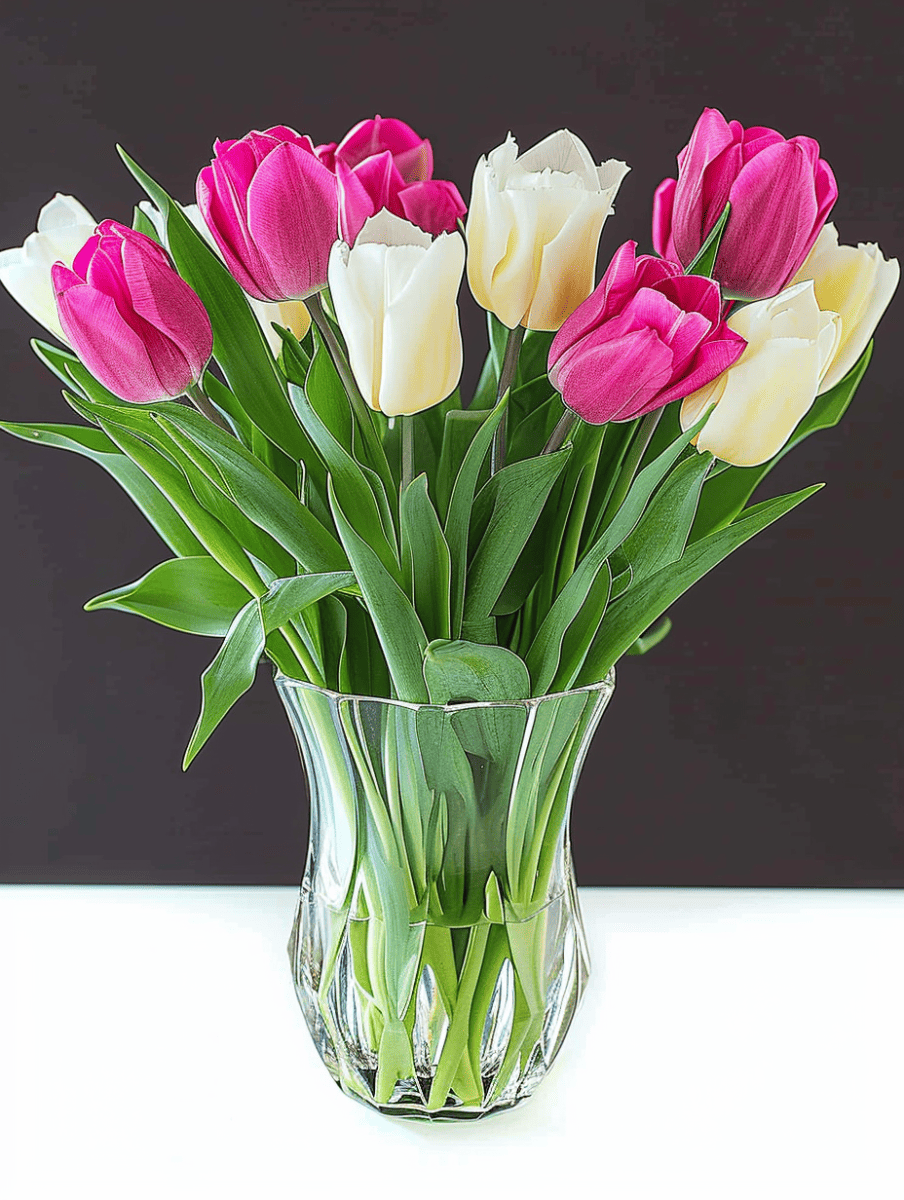 A mix of vibrant pink and creamy white tulips stand tall in a clear, faceted glass vase against a dark background ar 3:4
