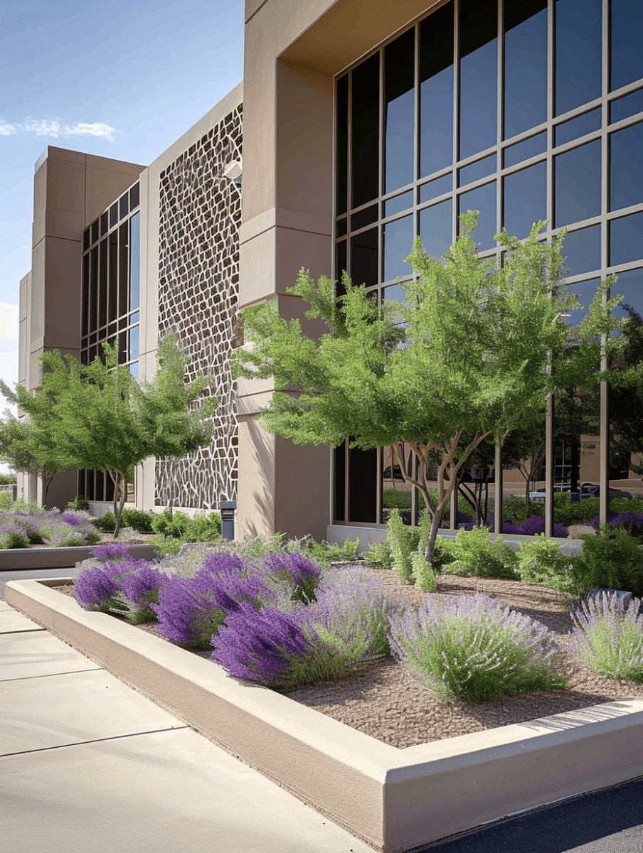 A modern building features geometric and clean flowerbeds, with vibrant purple lavender and lush green shrubs, adding a touch of nature to the urban environment ar 3:4