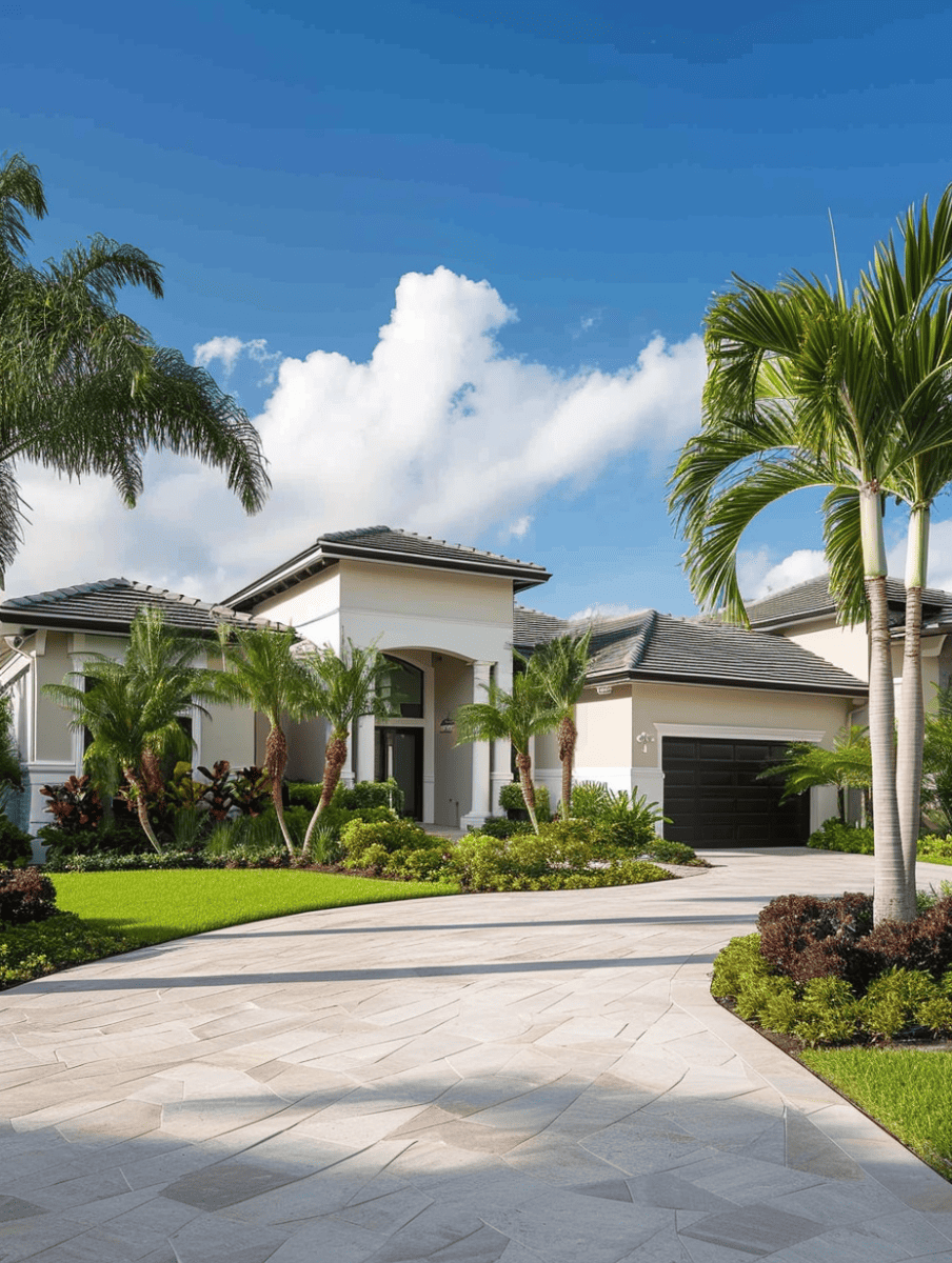 A modern home with a neutral color palette and clean lines is accentuated by landscaped gardens, palm trees, and a herringbone-patterned driveway under a sky dotted with fluffy clouds ar 3:4