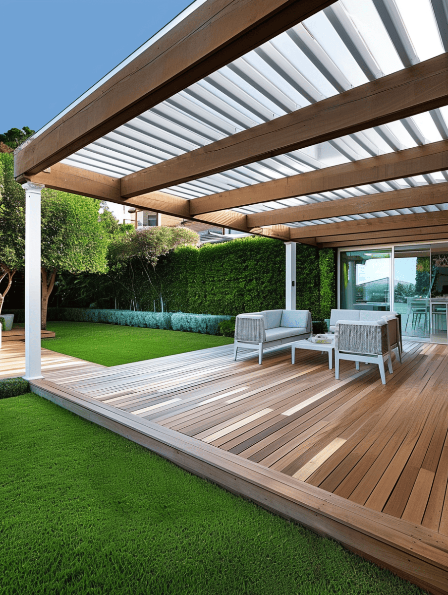 A modern outdoor patio with a wooden deck and pergola, two white minimalist armchairs, and a lush green lawn, bordered by neatly trimmed hedges under a clear blue sky ar 3:4