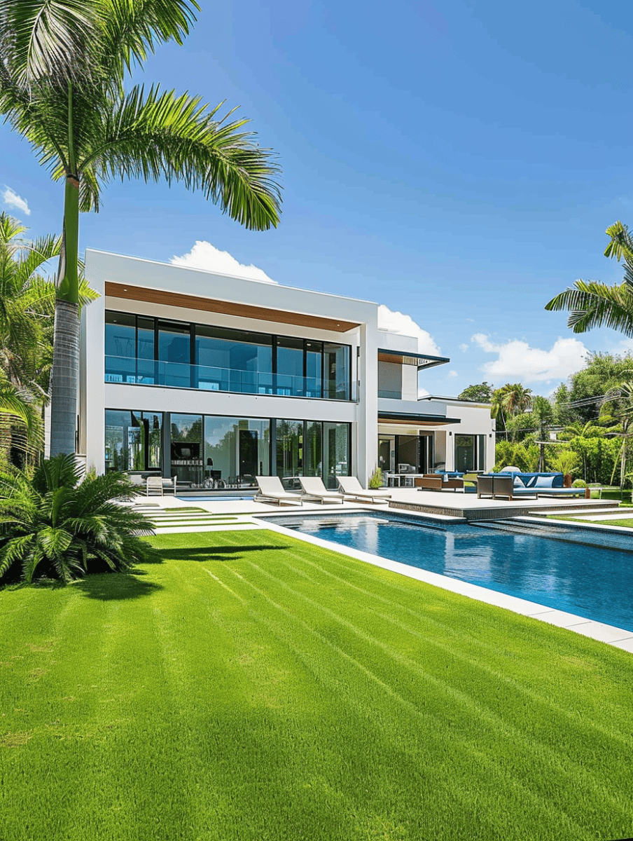 A modern, sleek white villa with expansive glass windows overlooks a rectangular swimming pool, with palm trees and manicured lawns enhancing the luxurious outdoor space ar 3:4