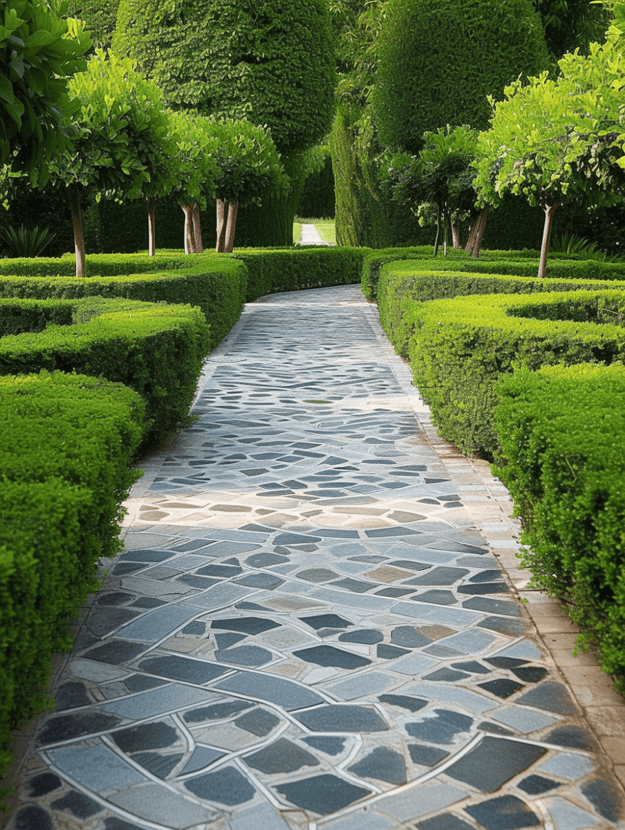 A mosaic of cut stone paving the way, bordered by manicured boxwood hedges. Perfect symmetry in design. --ar 3:4