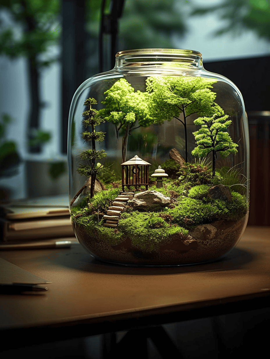 A moss terrarium inside a spherical glass jar on a desk captures a detailed, tranquil scene with lush trees, a small bridge, and gazebo, all under the soft glow of ambient lighting ar 3:4