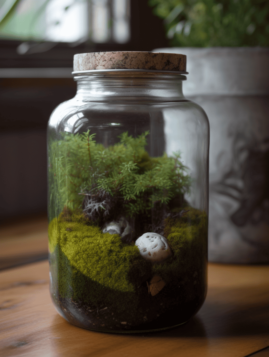 A moss terrarium showcasing various green plants and small decorative stones is encased in a glass pickle jar with a cork lid, sitting on a wooden surface ar 3:4