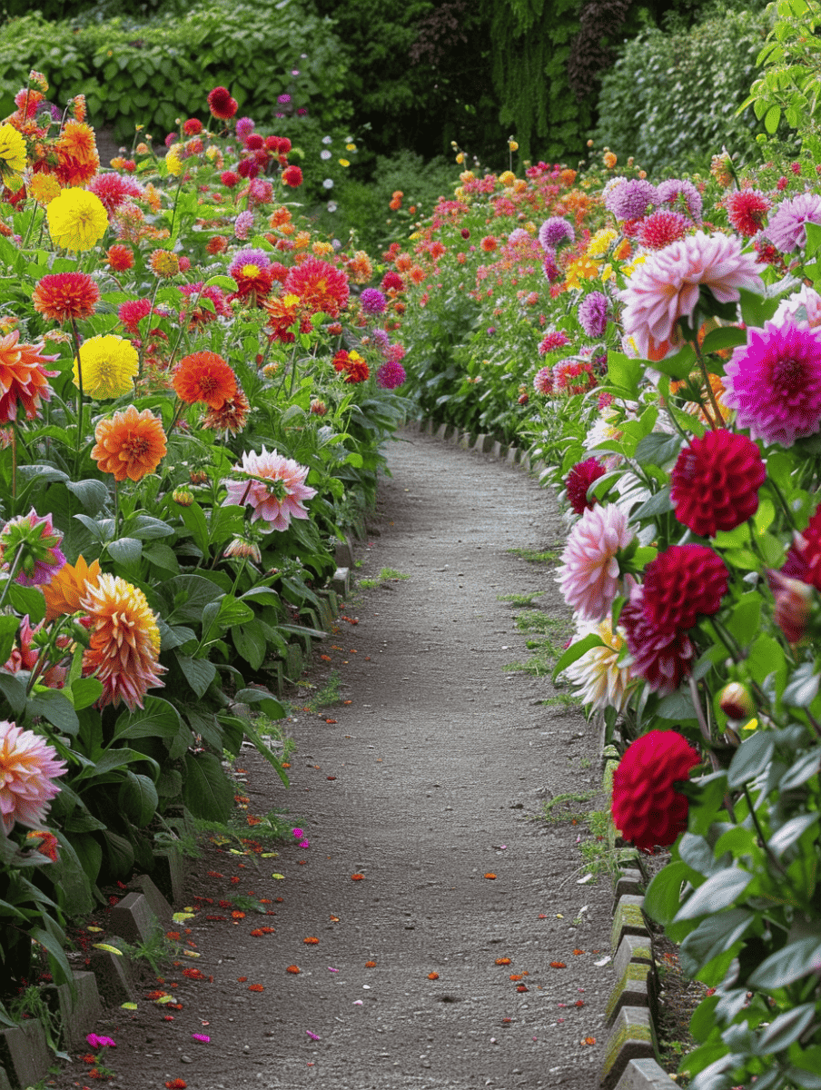 A narrow garden path, neatly outlined with stone edgers, meanders through a riot of colorful dahlias, with petals ranging from soft pinks to bold purples. --ar 3:4