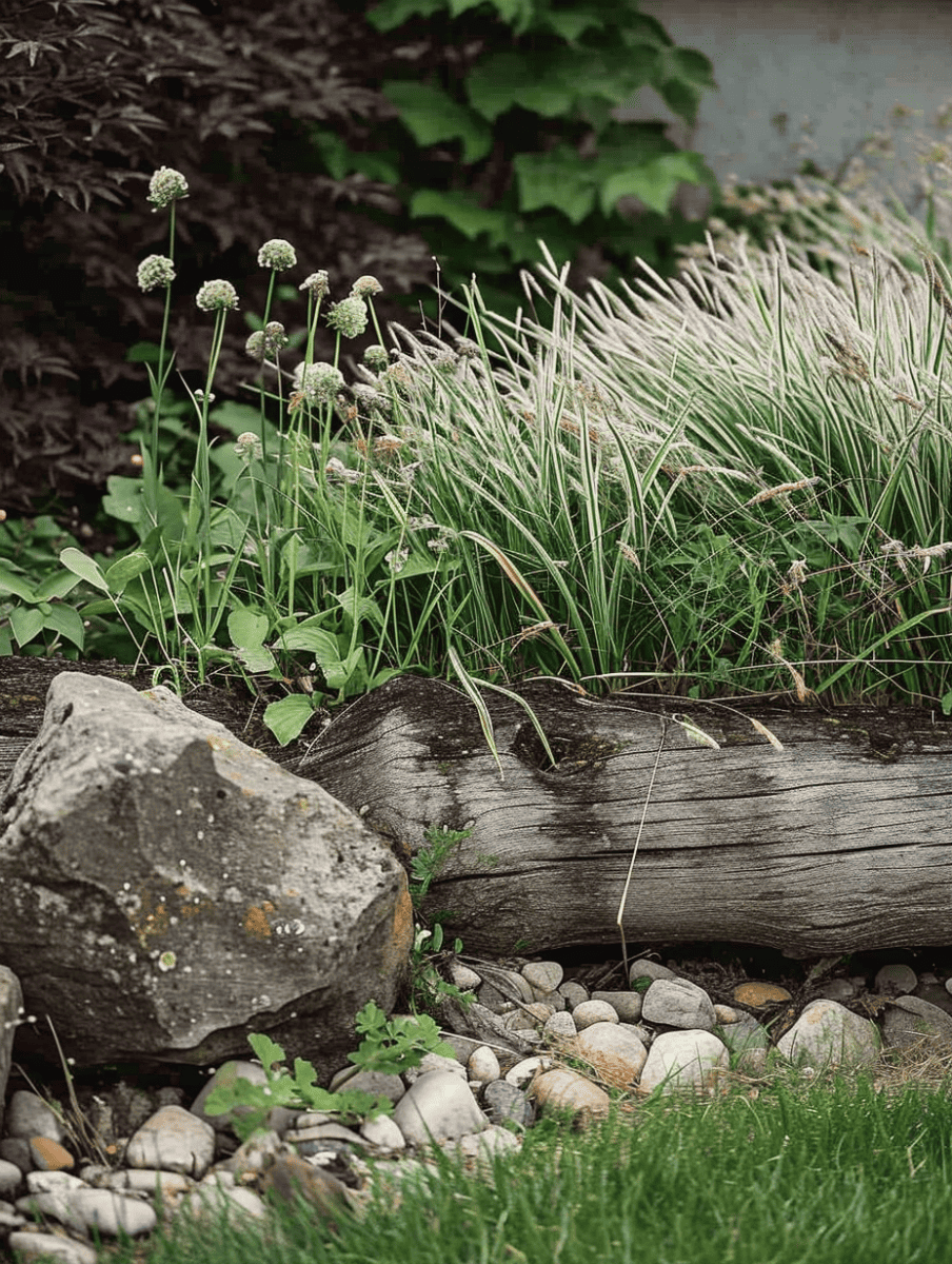 A natural garden edge is created with a weathered wooden log and various sized stones, contrasting with ornamental grasses and dark foliage in the background ar 3:4