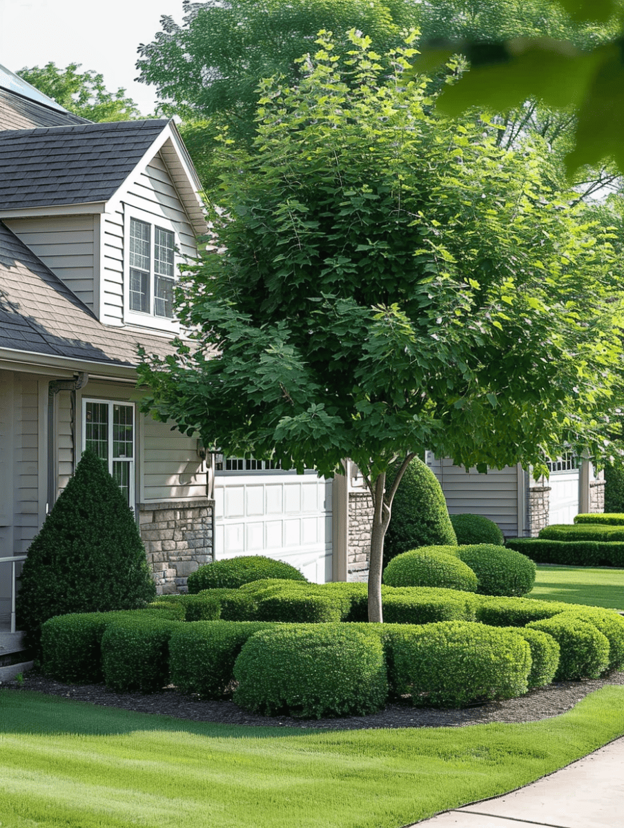 A neatly manicured front yard of a suburban home features a well-kept lawn and a series of sculpted shrubs providing a sense of room and structure, complemented by mature trees near the house façade ar 3:4