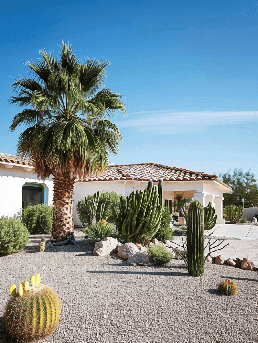 A palm tree stands amidst a desert garden of cacti and succulents, against the facade of a house with a classic red-tiled roof under a clear blue sky ar 3:4