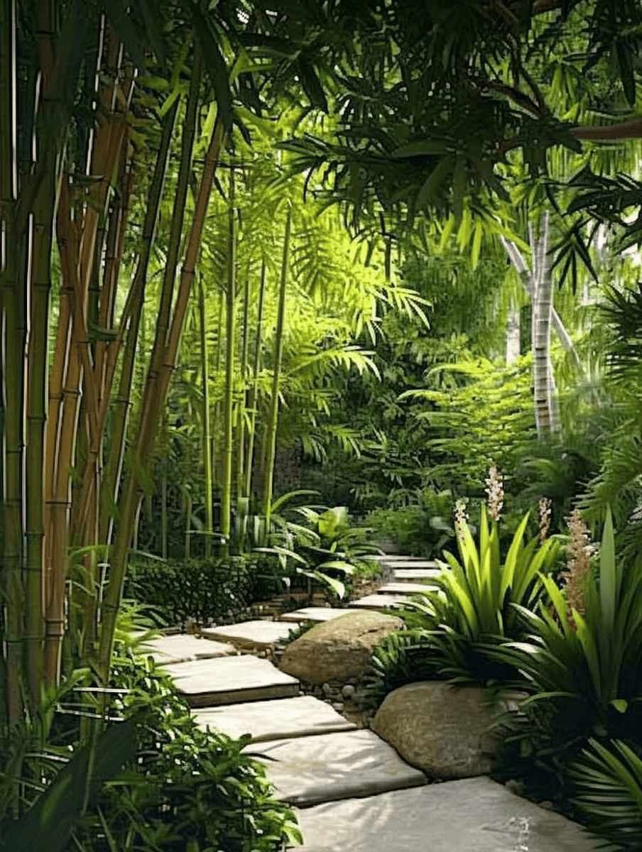 A peaceful garden path is laid with smooth, flat stones, winding its way through a dense growth of bamboo and lush greenery, inviting a sense of calm and connection with nature ar 3;4