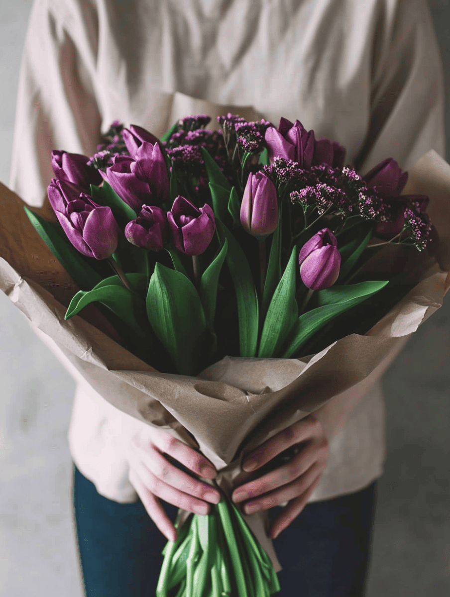 A person holds a bouquet of deep purple tulips wrapped in brown paper, with sprigs of tiny purple flowers adding a delicate touch ar 3:4