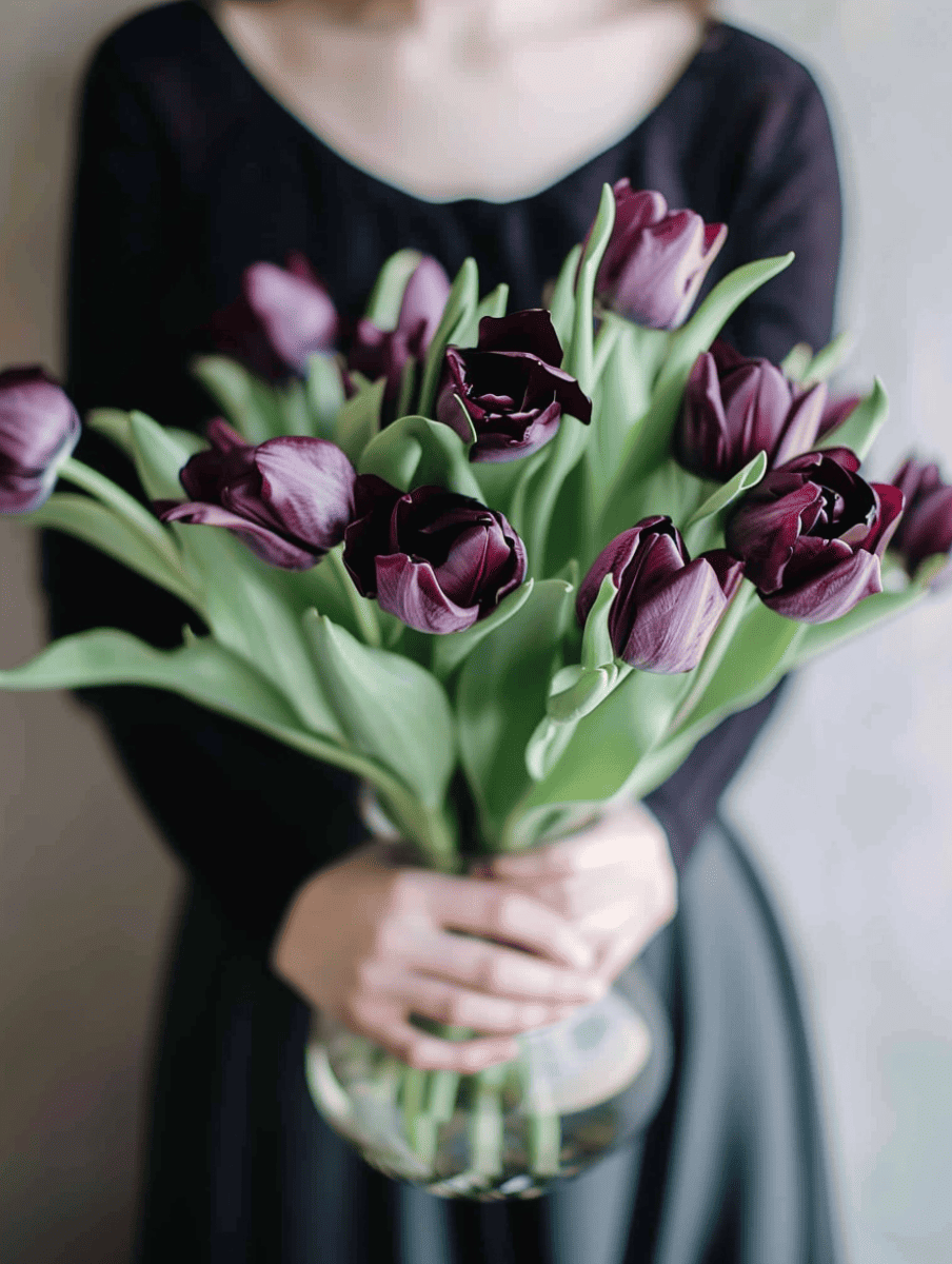 A person in a black dress holds a clear vase filled with dark purple tulips, the deep colors creating a striking contrast ar 3:4