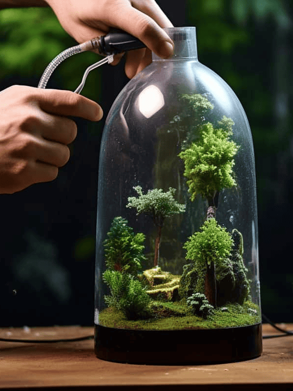 A person's hands are shown misting a terrarium, which encloses a miniature forest of moss, trees, and a small bench, illustrating the careful maintenance of this delicate ecosystem ar 3:4