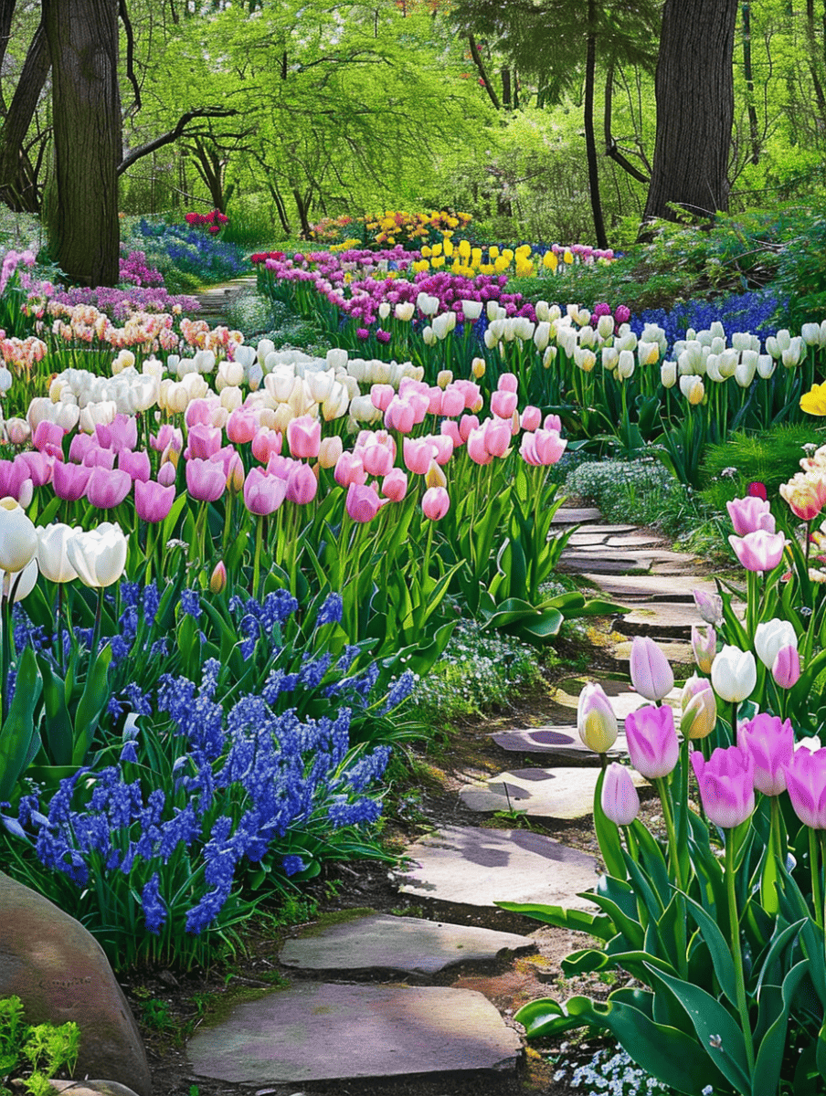 A picturesque garden walkway meanders through an array of tulips in soft pinks, purples, yellows, and whites, flanked by lush bluebells and verdant greenery ar 3:4