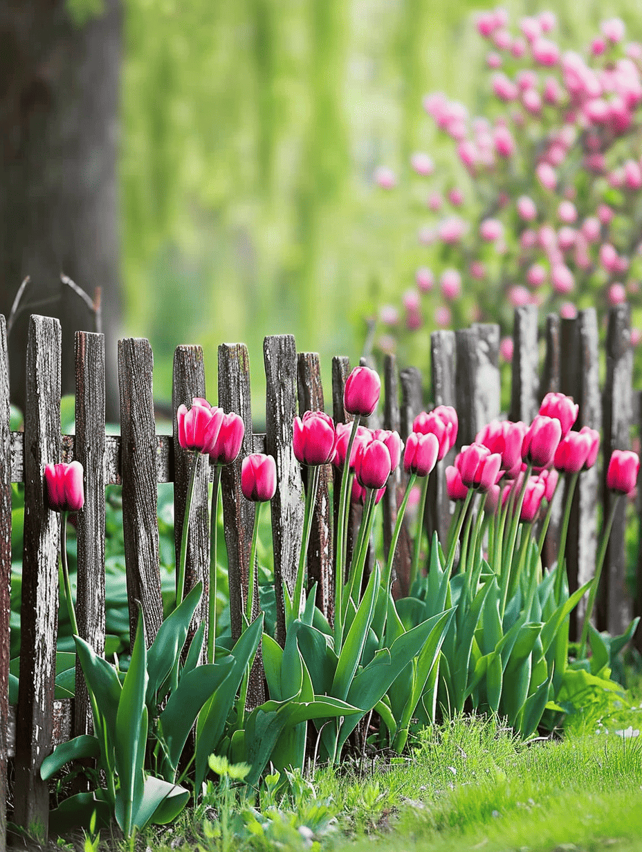 A picturesque row of deep pink tulips lines an old, rustic wooden fence, with a soft green backdrop hinting at a lush spring garden 
ar 3:4