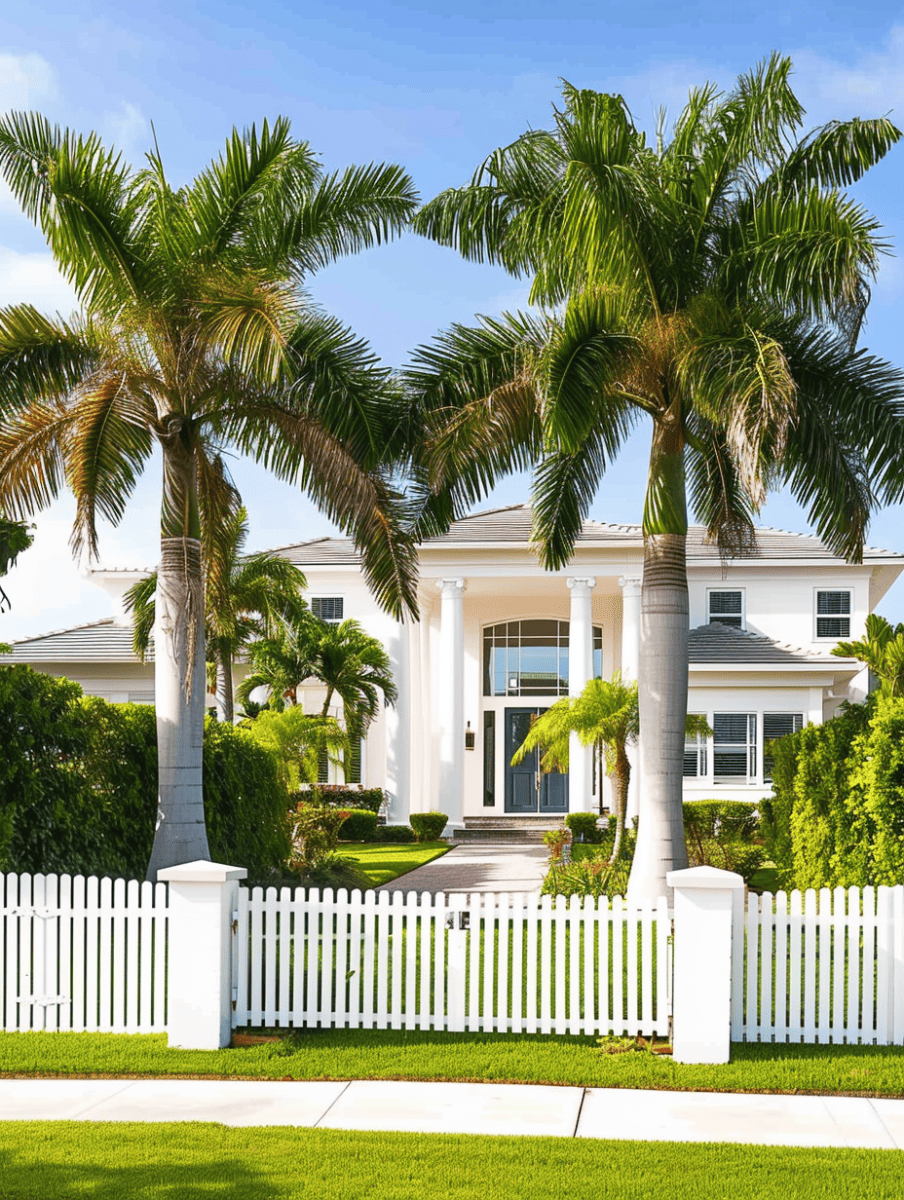 A pristine white picket fence borders a vibrant green lawn leading to an elegant white home, with two lush palm trees standing guard at the entrance under a clear blue sky ar 3:4
