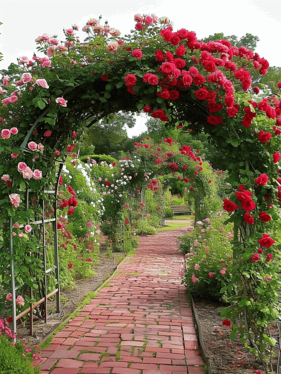A quaint brick pathway leads through a garden, framed by a lush rose canopy with clusters of pink and red roses, creating a picturesque floral archway ar 3:4