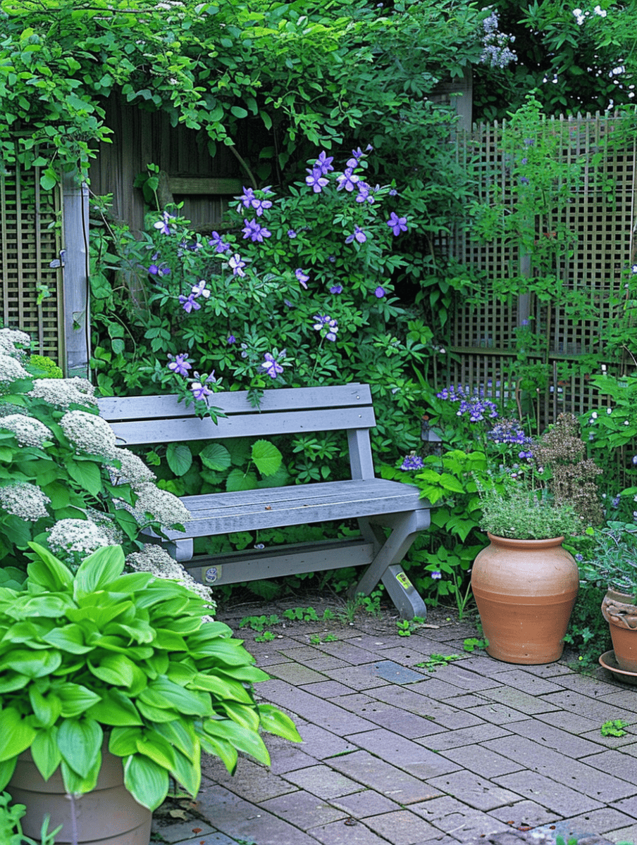 A quaint garden corner with a wooden bench, a trellis covered in climbing vines, and a large terracotta pot, all set against a backdrop of greenery and purple flowers ar 3:4