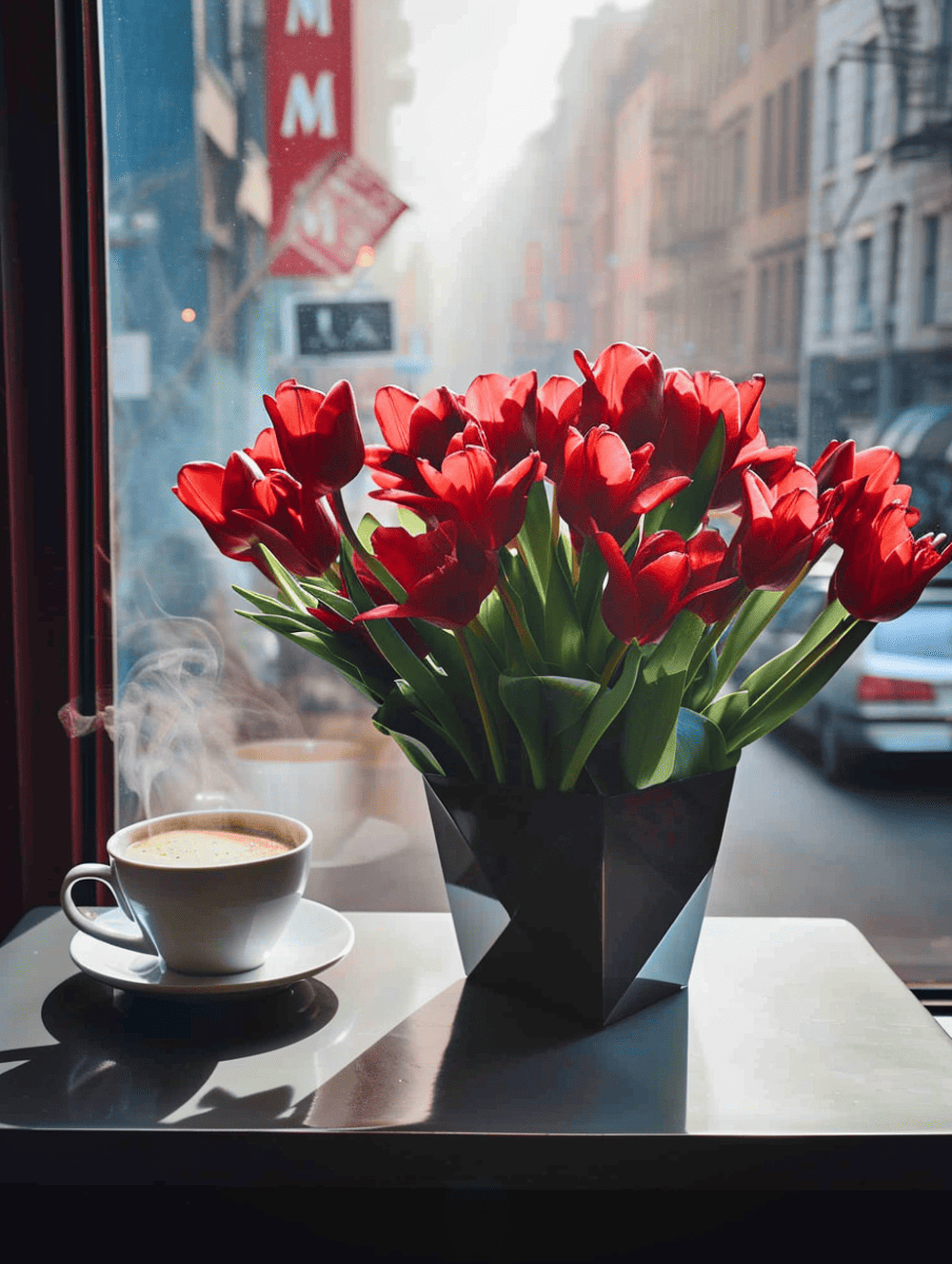 A radiant bouquet of red tulips in a modern vase sits on a table beside a steaming cup of coffee, with a city street view through the window ar 3:4