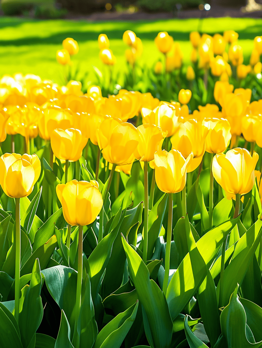 A radiant cluster of yellow tulips soaks up the sunshine, their petals glowing against the fresh green blades of leaves in a lush garden setting ar 3:4
