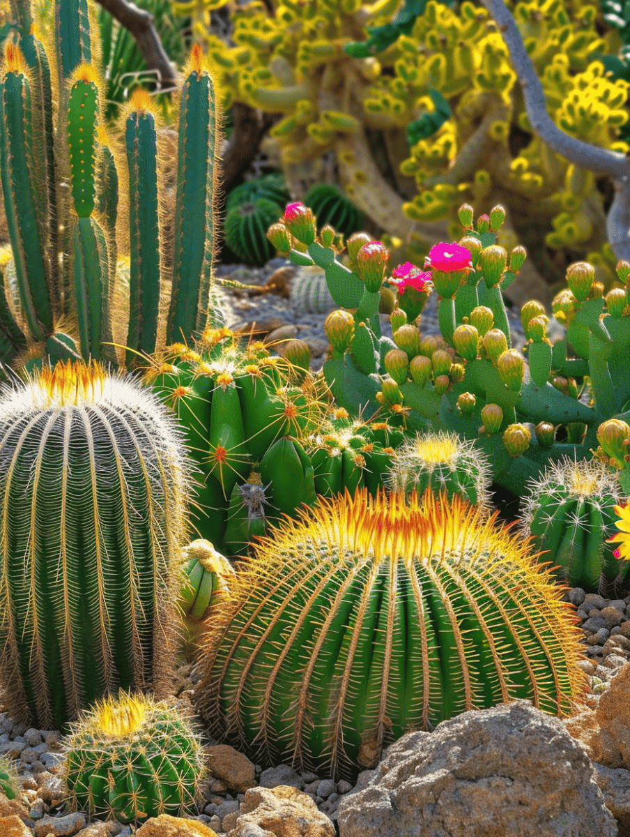 A rich collection of cacti basking in sunlight, featuring tall, slender cacti, large round barrel cacti with golden spines, and smaller cacti with budding pink flowers, all set amidst a rocky terrain ar 3:4