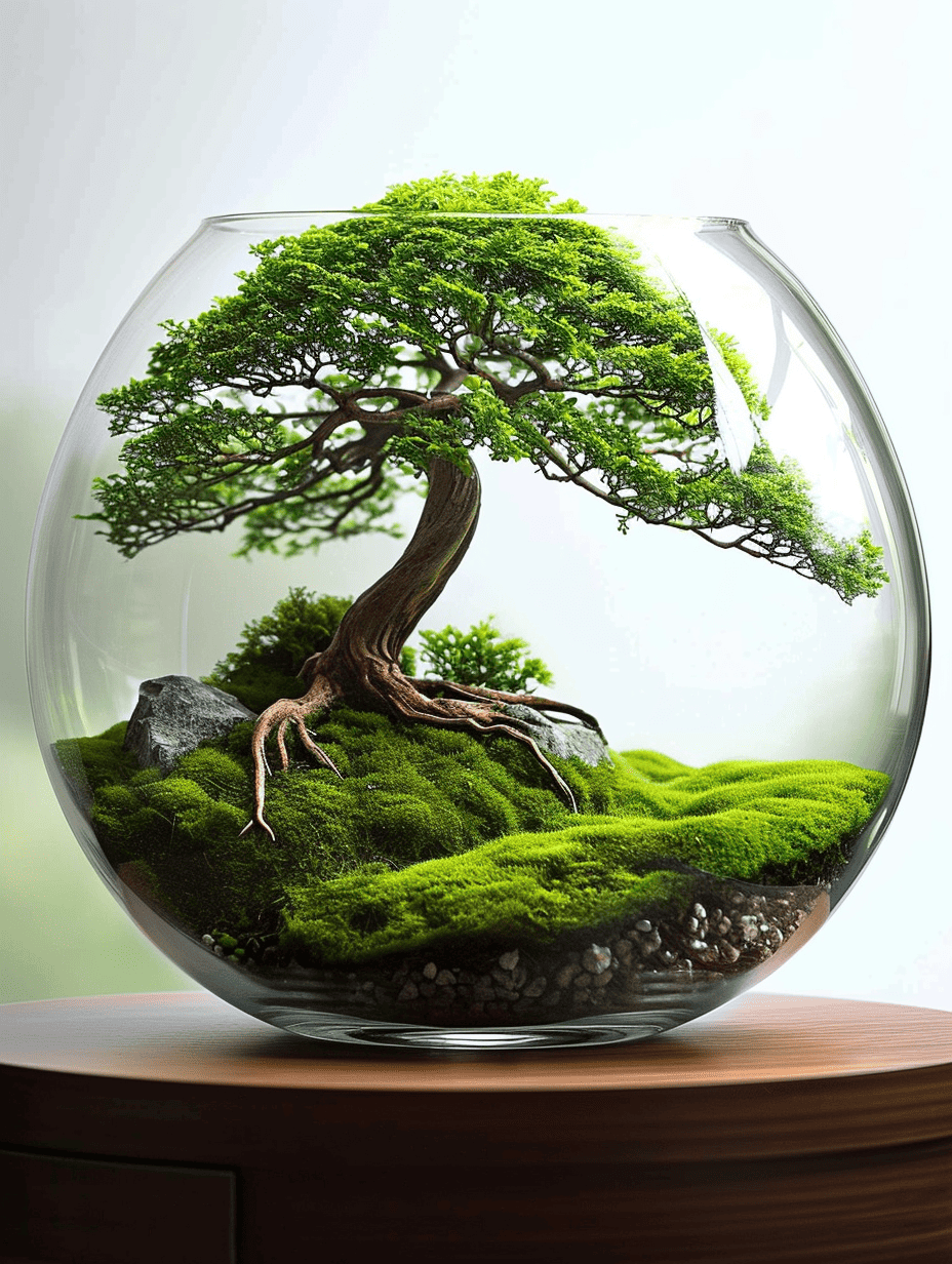 A rounded glass terrarium on a wooden surface elegantly displays a miniature landscape with a prominent bonsai tree, its roots spreading over moss-covered rocks ar 3:4